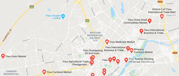 Markets in Yiwu on the map China