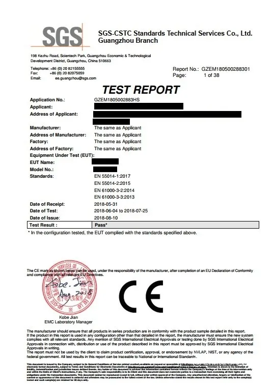 Test report - EMC certification pass