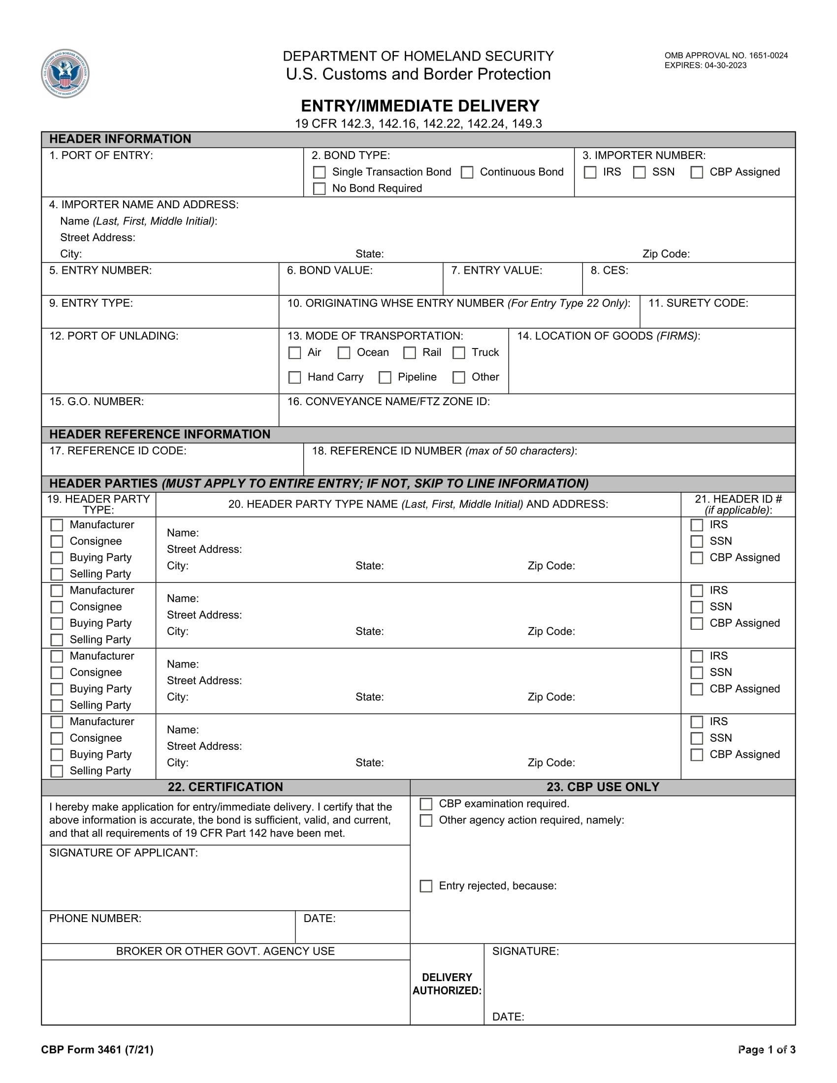 CBP Form 3461 sample