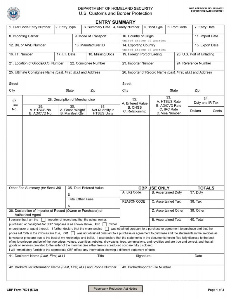 Form 7501 entry summary example