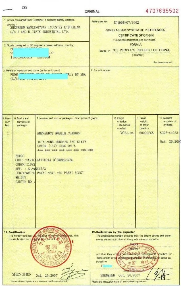 Chinese Certificate of Origin