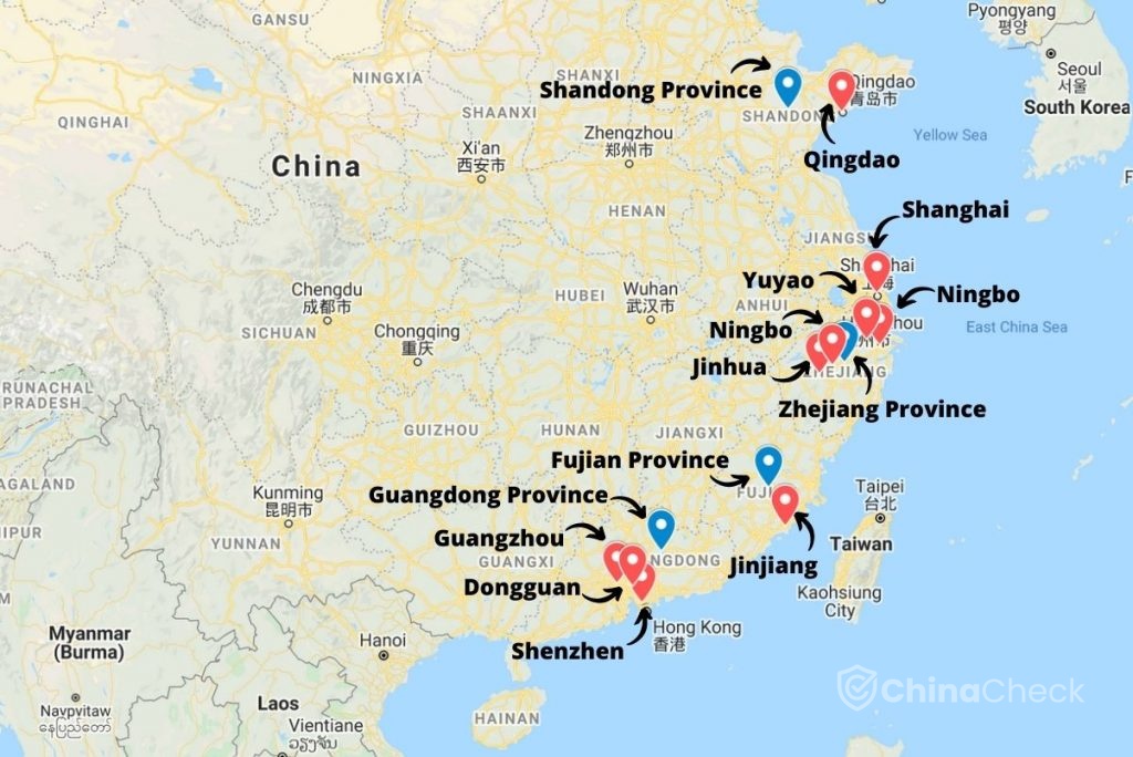 Production areas for beauty products in China