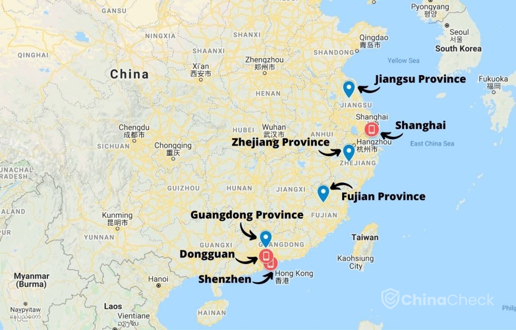 Production areas for electronics in China