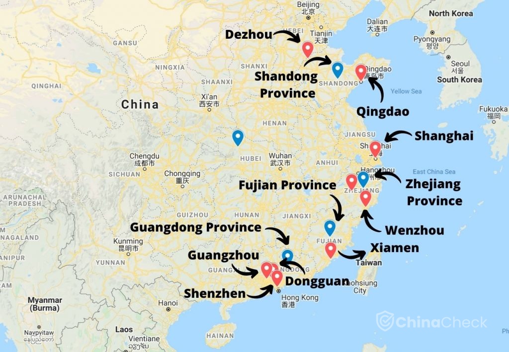 Production areas for fitness equipment in China