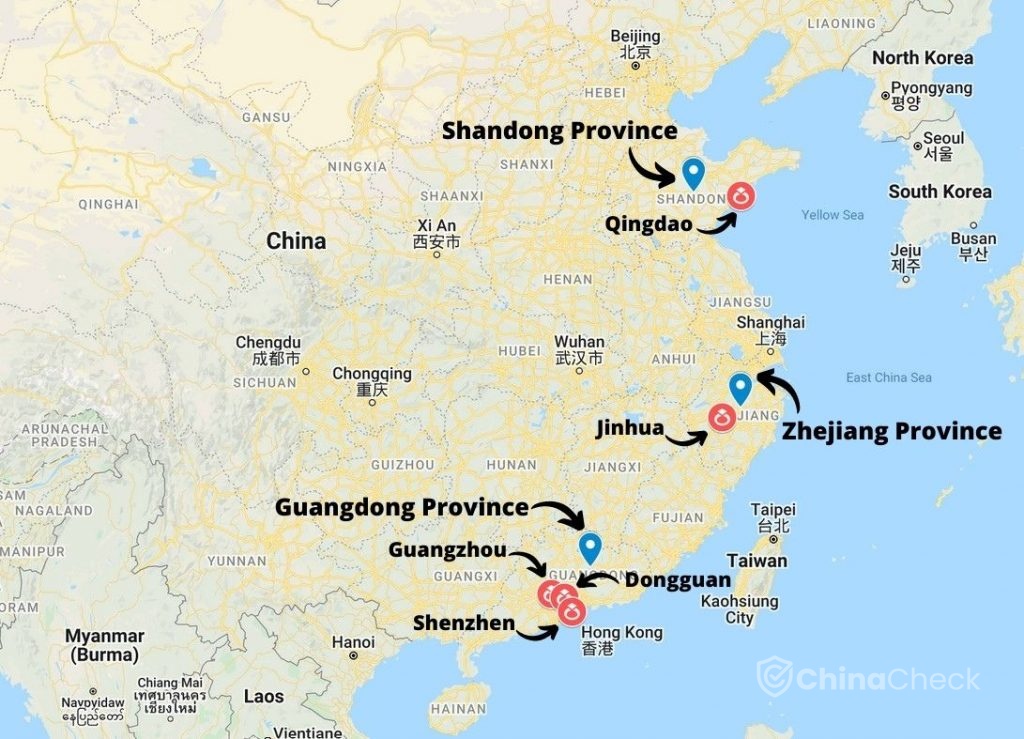 Production areas for jewellery in China