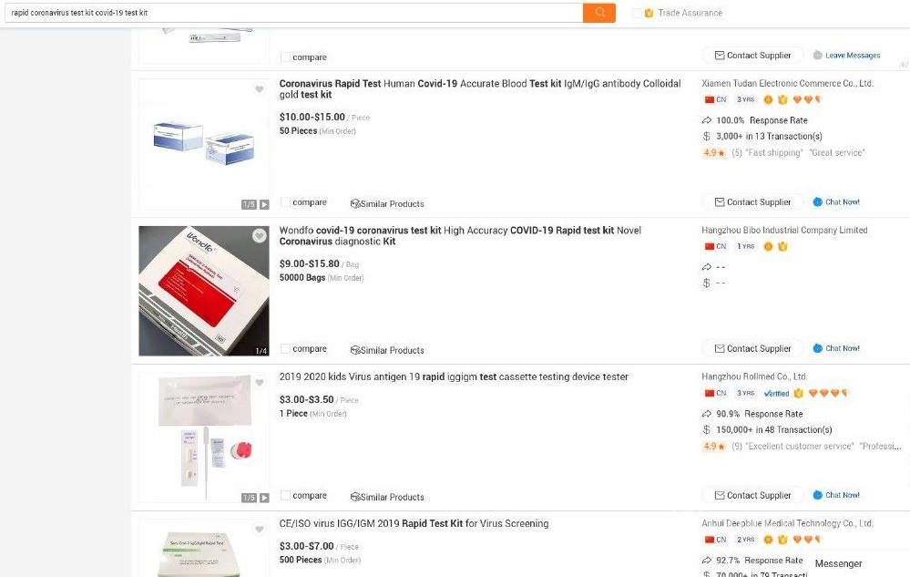 coronavirus test kits on Alibaba