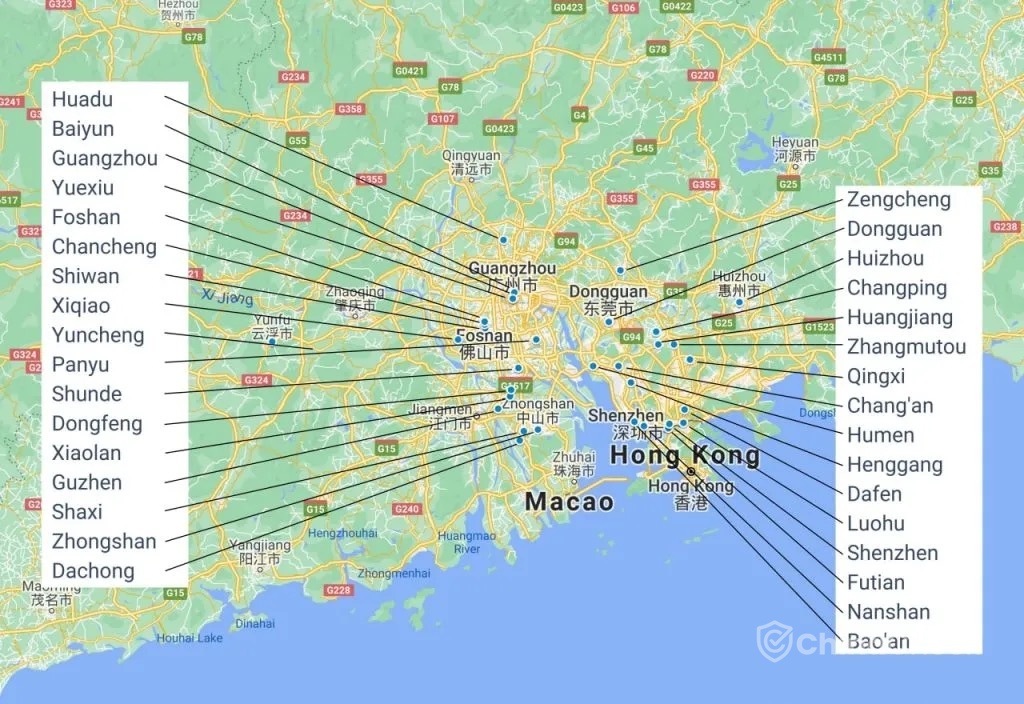 Factories in Guangdong map