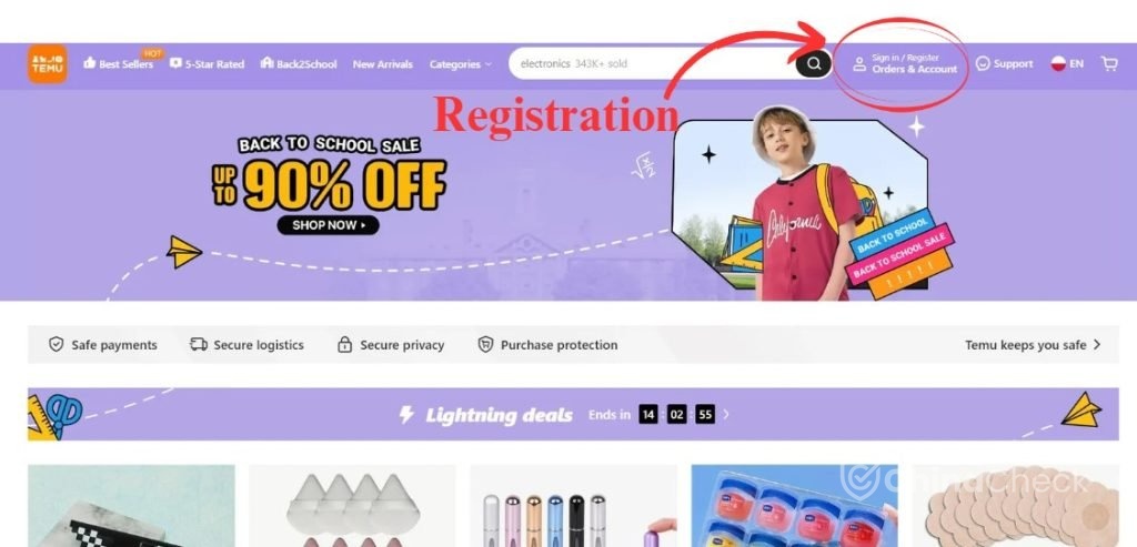Registration on Temu 1