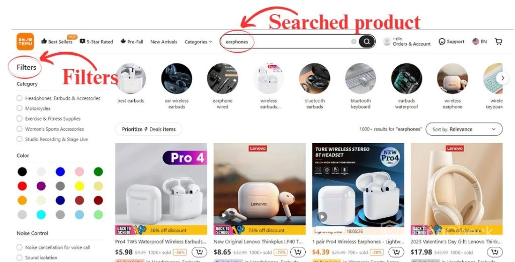 Search product on Temu