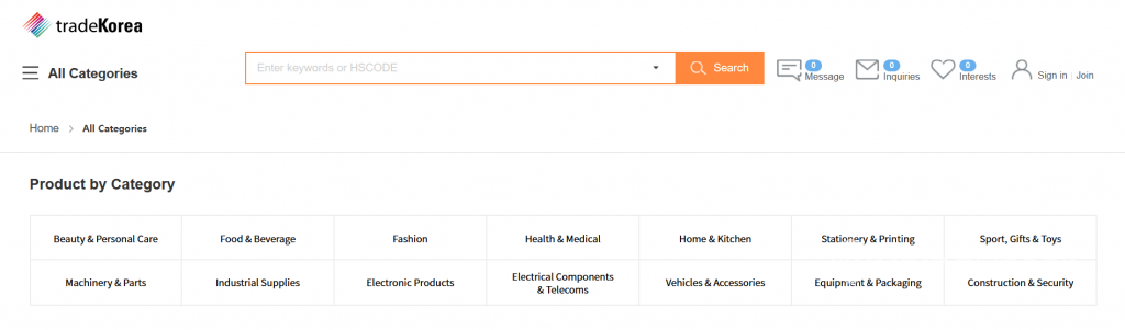 Korean Alibaba - categories
