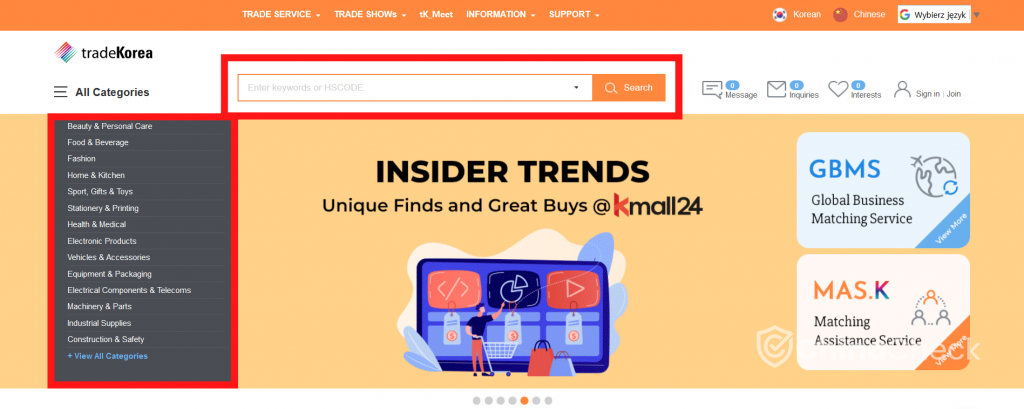 Searching for suppliers on tradeKorea