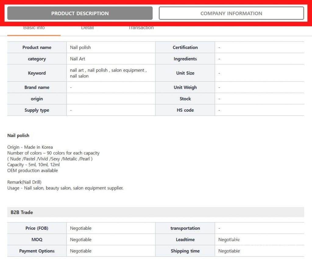 Selecting a product on the Korean Alibaba